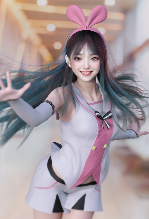 Kizuna Ai wearing bunny ears and a school uniform