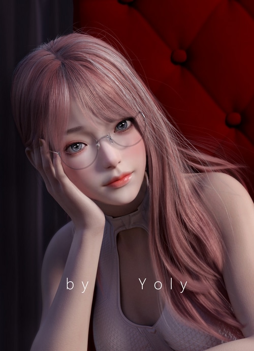 Asian girl with pink hair and glasses by Yoly