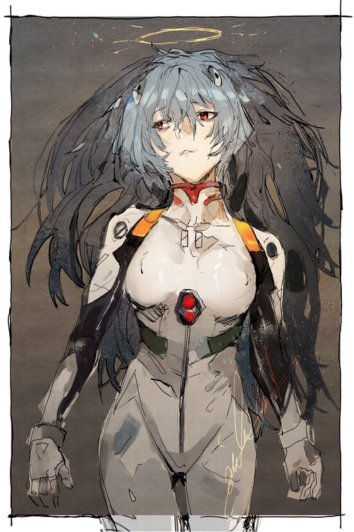 Ayanami Rei in a white bodysuit with blue hair