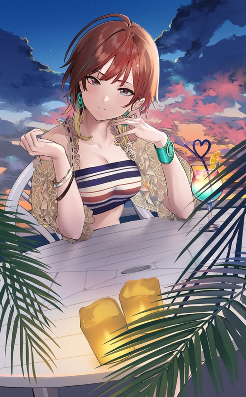 Anime girl with cocktails at sunset