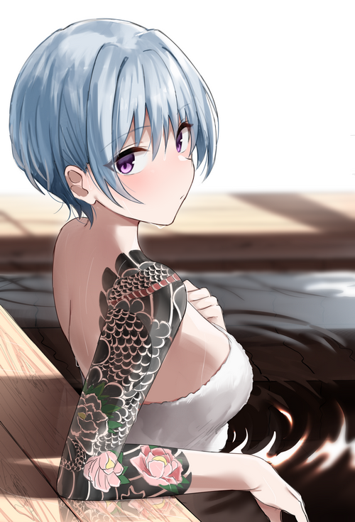 Anime girl with blue hair and tattoos in a bath