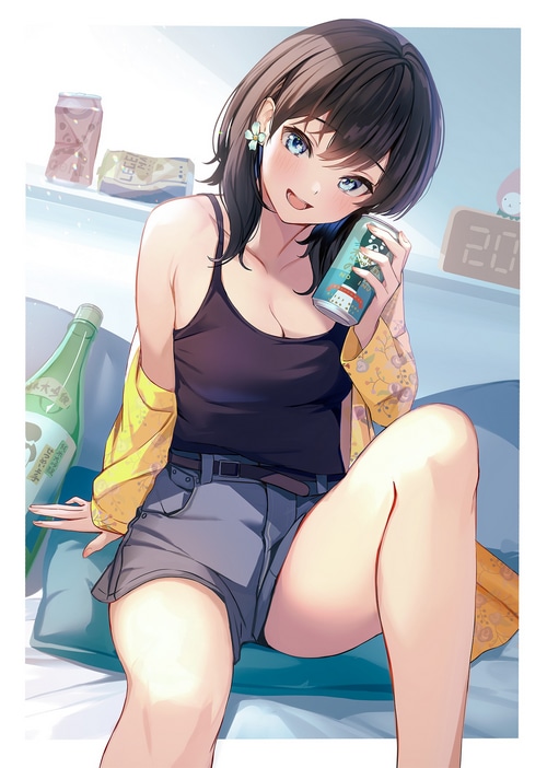 Anime girl in shorts holding a drink
