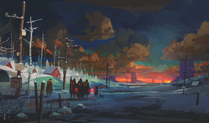 Artwork by Ismail Inceoglu of figures in a snowy landscape