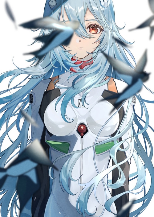 Rei Ayanami in a white bodysuit with blue hair