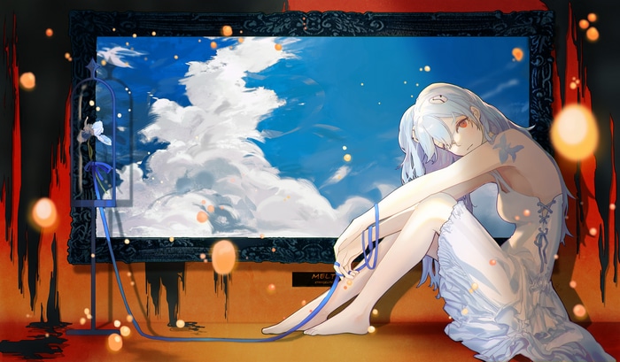 Ayanami Rei in a white dress with blue hair