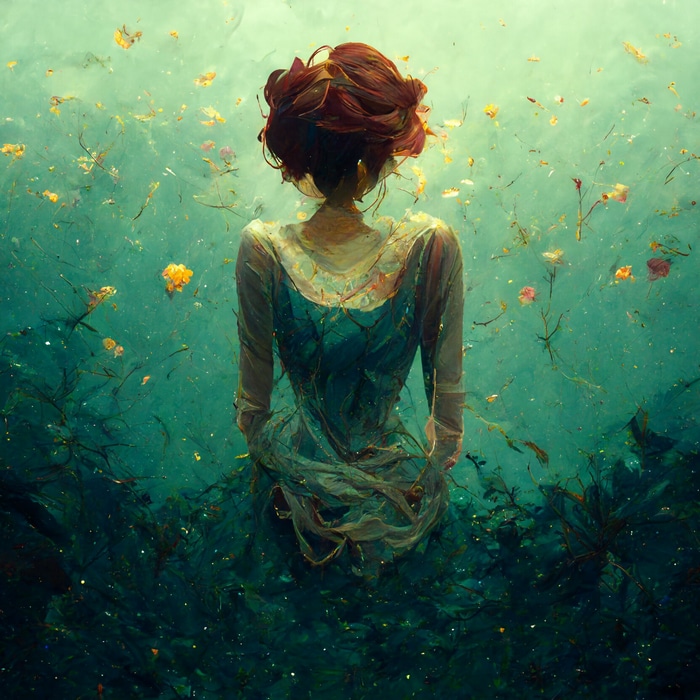 Fantasy art of a woman underwater by Jonny Kubata
