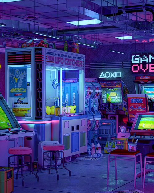 Retro Arcade with Sega and PlayStation Neon Signs
