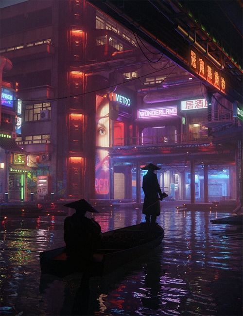 Cyberpunk city canal with neon lights and boats