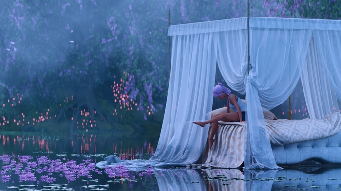 Fantasy girl on a bed by the water