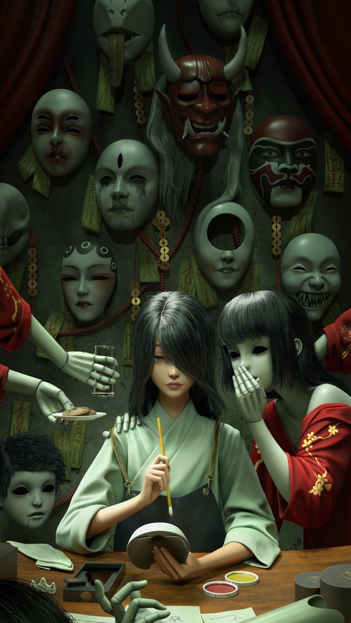 Creepy masks and robot hands in a dark room