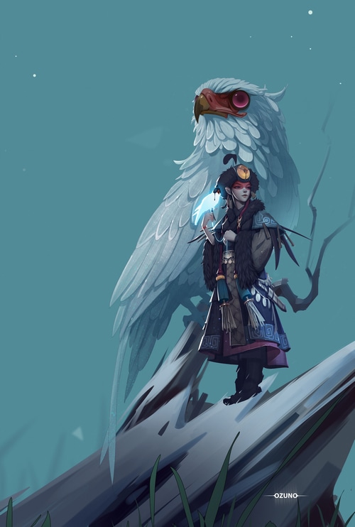 Huy Ozuno's artwork of a hunter with an eagle