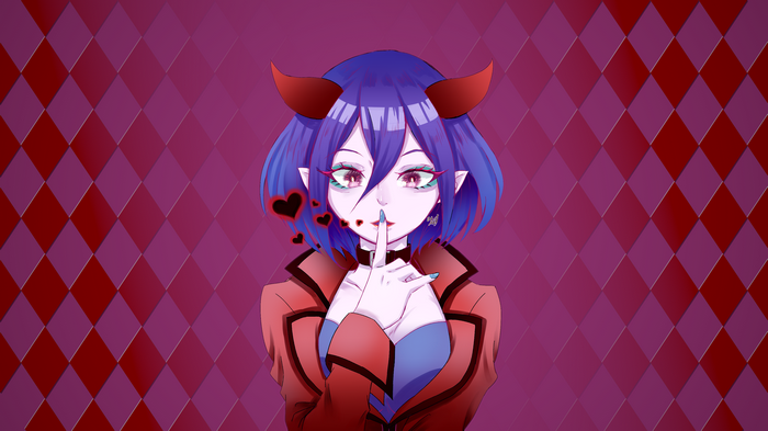 Demon girl with blue hair and red horns