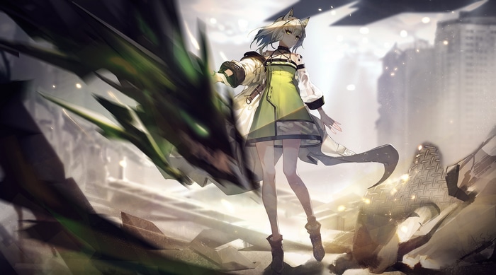 Arknights anime girl with animal ears and green eyes