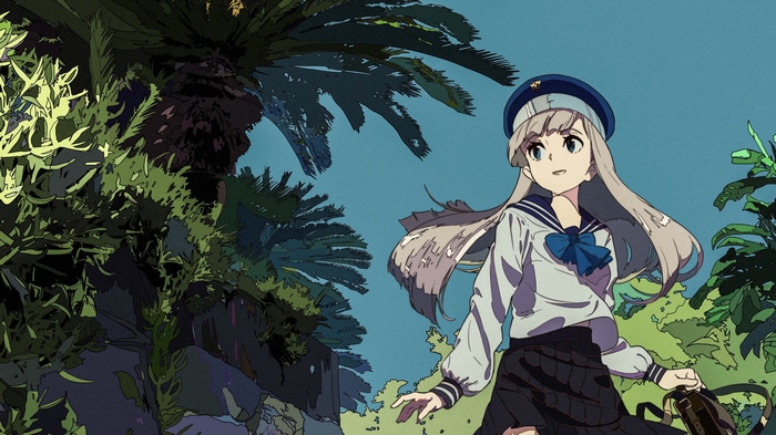 Schoolgirl in uniform with hat and backpack