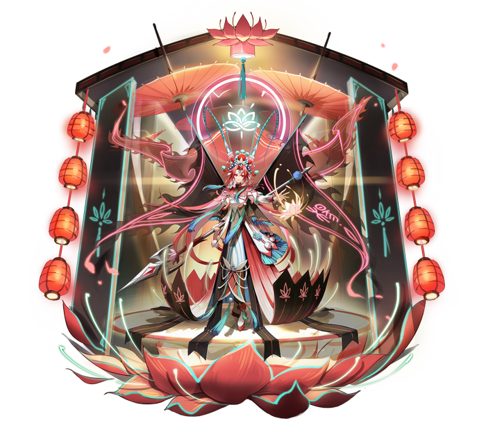 Woman in Chinese Opera Costume with Lotus and Lanterns