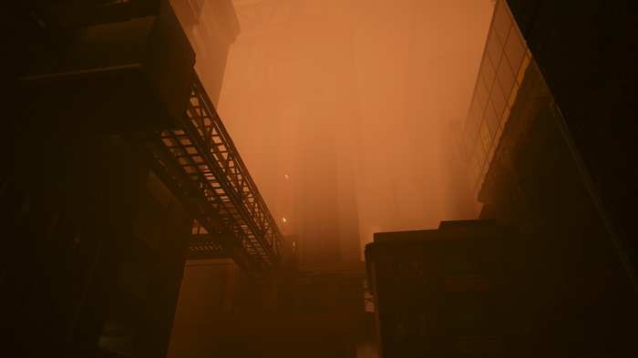 Cyberpunk 2077 industrial cityscape with orange haze