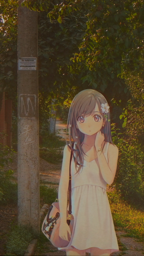 Anime girl with flower in hair and purse on walkway