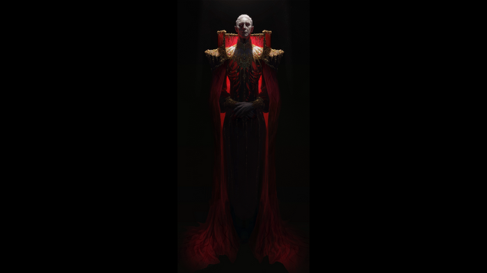 4K pale figure in red cape with gold accents