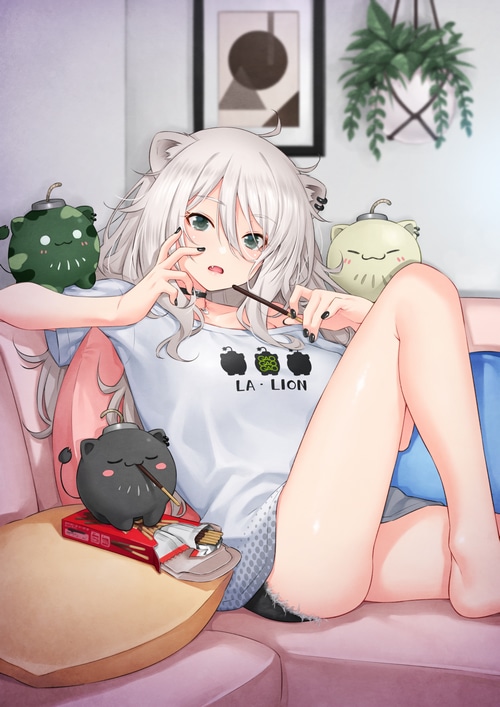 Shishiro Botan eating Pocky with plushies