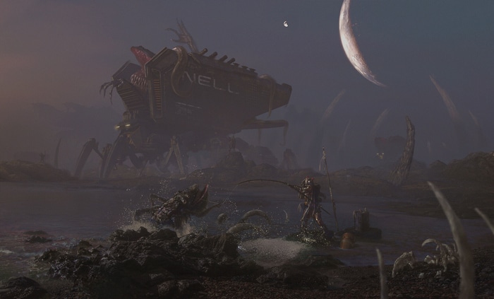 Alien planet with giant mechanical creature and insectoids