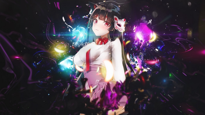 Anime girl with fox mask and red eyes