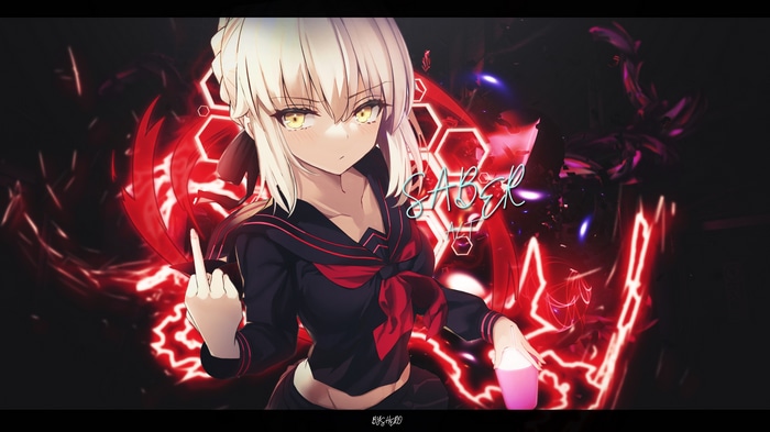 Saber Alter giving the middle finger with red energy