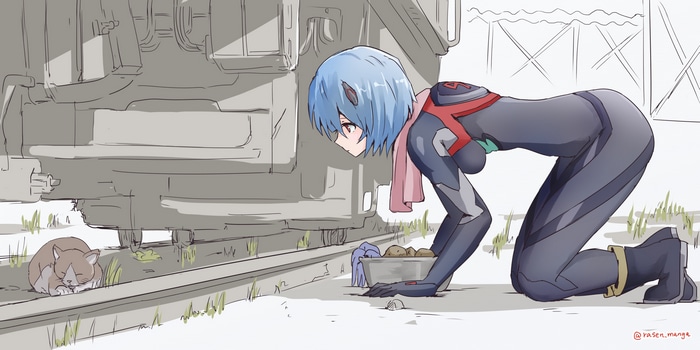 Rebuild of Evangelion: Rei Ayanami with a cat