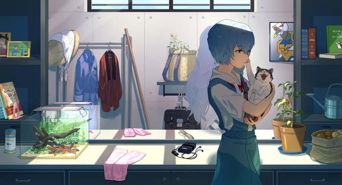 Ayanami Rei holding a cat with Neon Genesis Evangelion background
