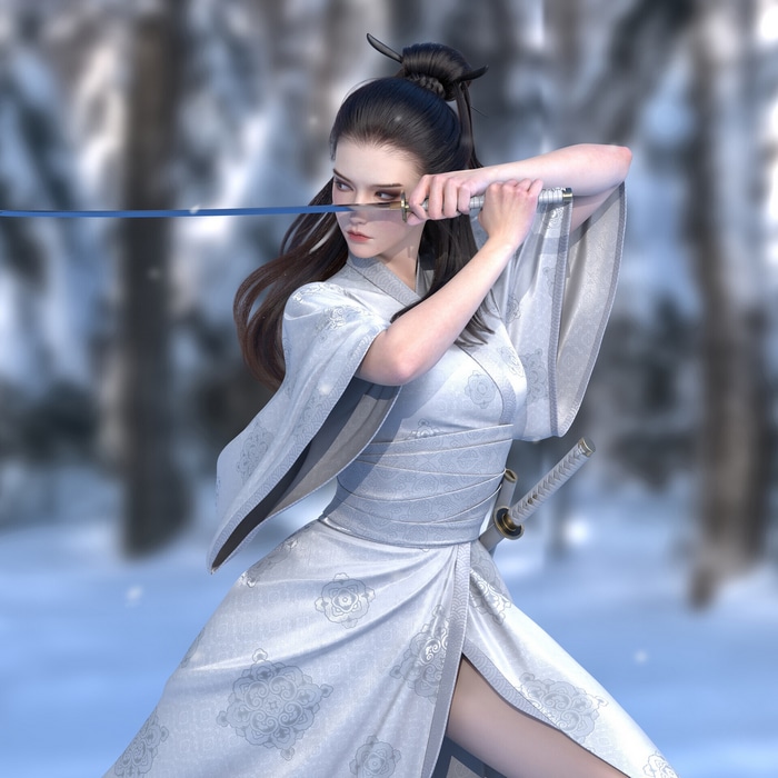 Woman in white kimono holding a sword