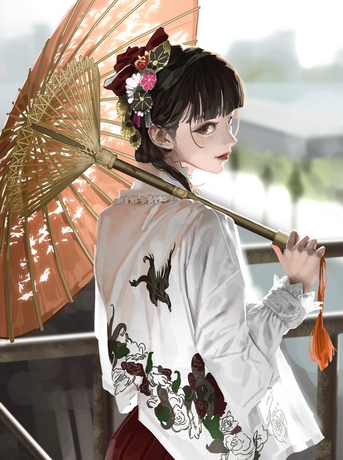 Woman in Kimono Holding an Umbrella
