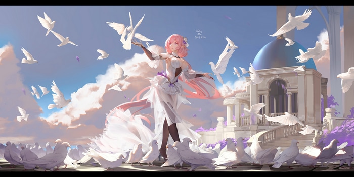 Elysia from Honkai Impact 3rd with Pigeons