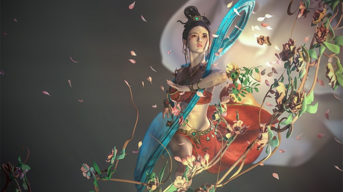 Artwork of a woman with a sword and flowers