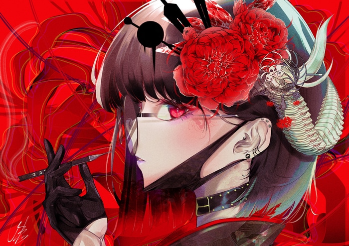 4K Fantasy Girl with Red Eyes and Flowers