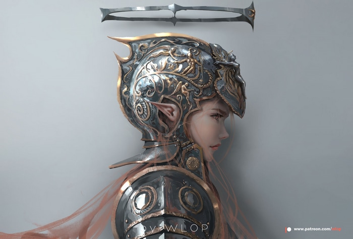 Fantasy art of a female knight in ornate armor by WLOP