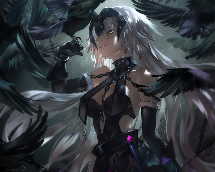 Anime girl with white hair and black birds