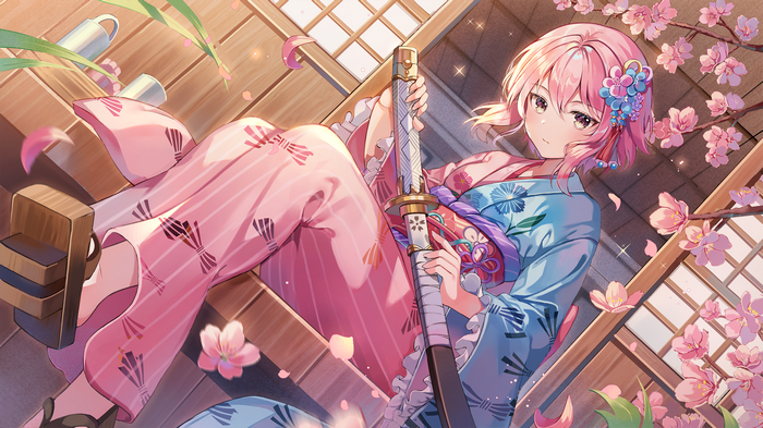 Girl with pink hair and katana under cherry blossoms