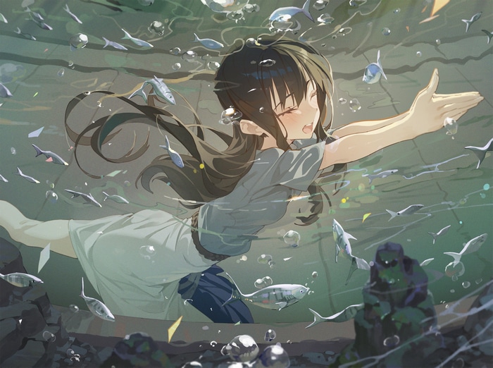 Inoue Takina swimming underwater with fish