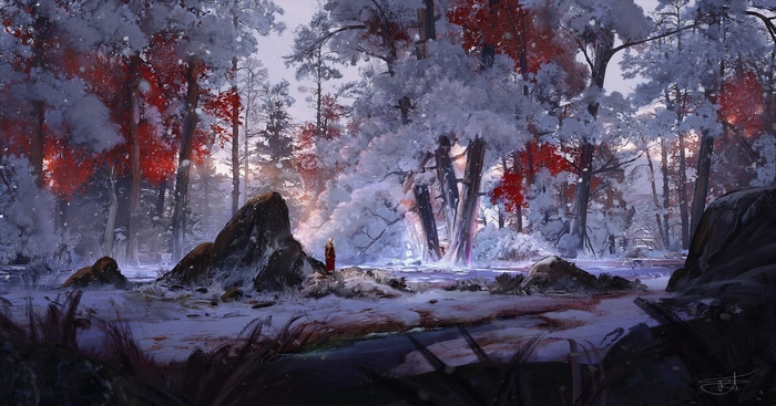 Max Suleimanov in a snowy forest with a river