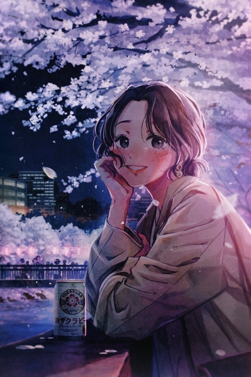 Woman with a can under cherry blossoms