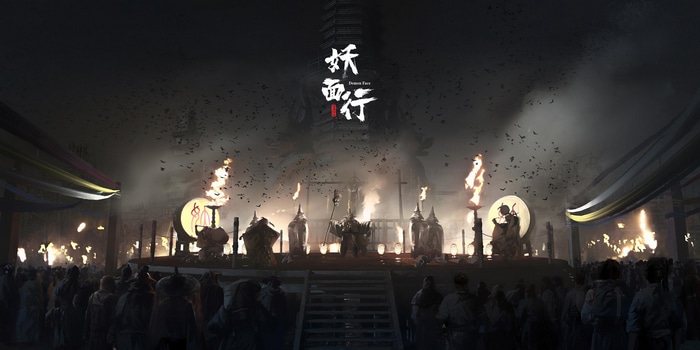 4K Demon Face Ritual with Fire and Birds