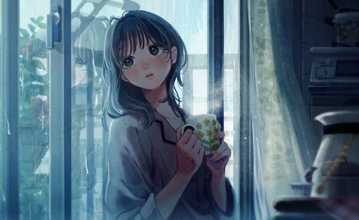 Anime girl holding a cup by the window