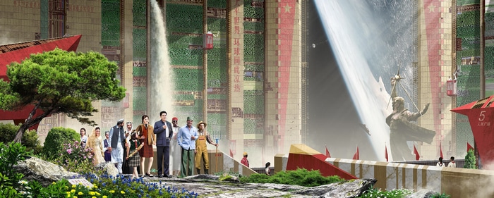People in front of a futuristic city with a statue