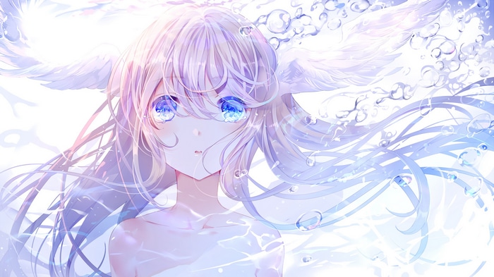 Anime girl with blue eyes and wings in water