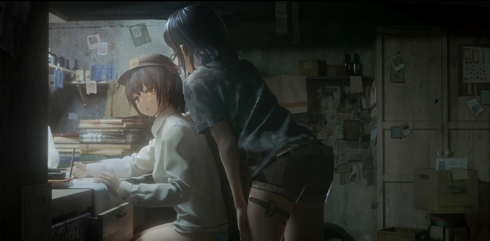 Two anime girls in a cluttered room