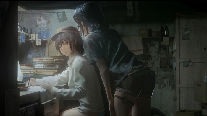 Two anime girls in a cluttered room