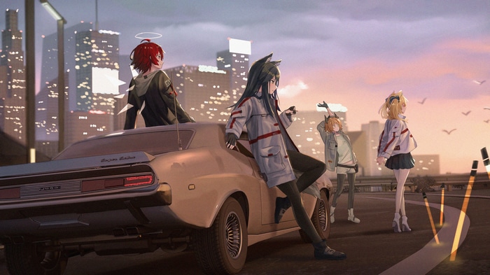 Arknights characters by a car in a city at sunset