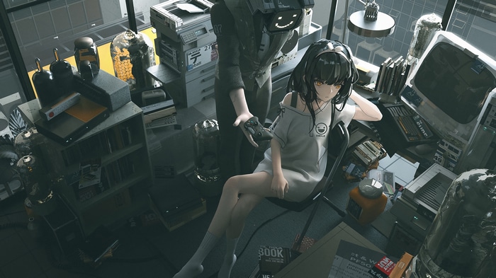 Anime girl with controller in messy room