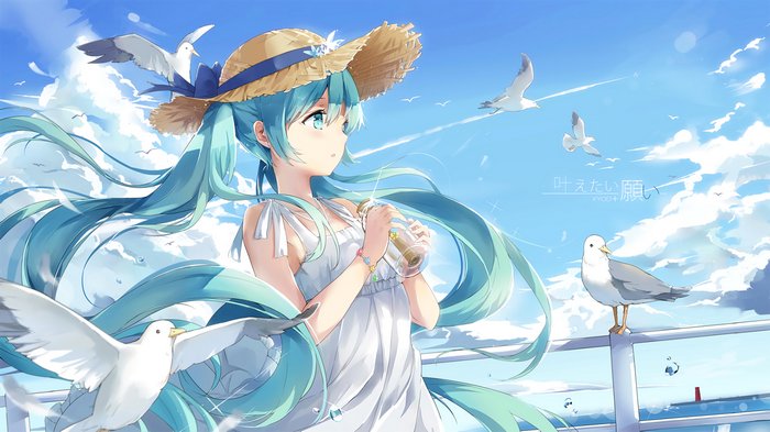Hatsune Miku in a Straw Hat with Seagulls