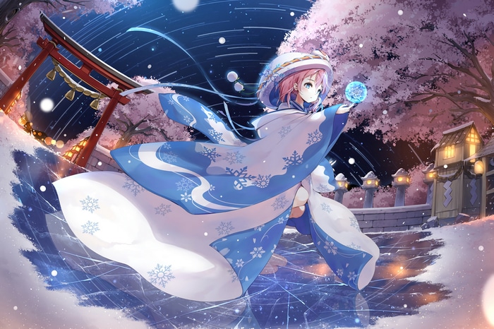 4K anime girl with pink hair and blue eyes in snow