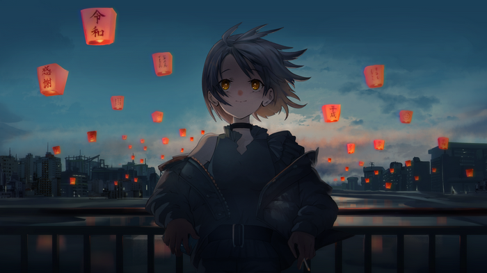 Anime girl with lanterns over city at dusk